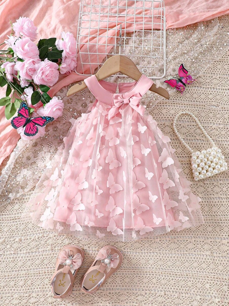 SHEIN Baby Girl Butterfly Decor Mesh Halter Neck Dress - Pink - View 1
