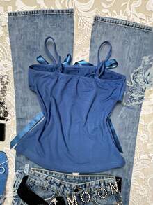 INAWLY Women's Casual Slim-Fit Camisole Top With Bow - Blue - View 2