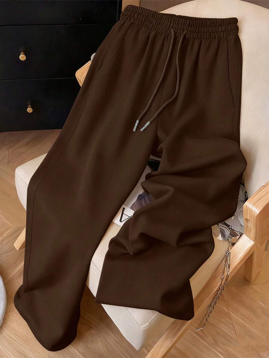 Resyla Retro American Y2K Style Minimalist Women Drawstring Waist Sweatpants - Coffee Brown - View 1