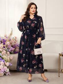 Modelyn Elegancka sukienka damska w dużych rozmiarach z haftowanymi kwiatami i talią, wiosenna - Wielokolorowe - Zobacz 6