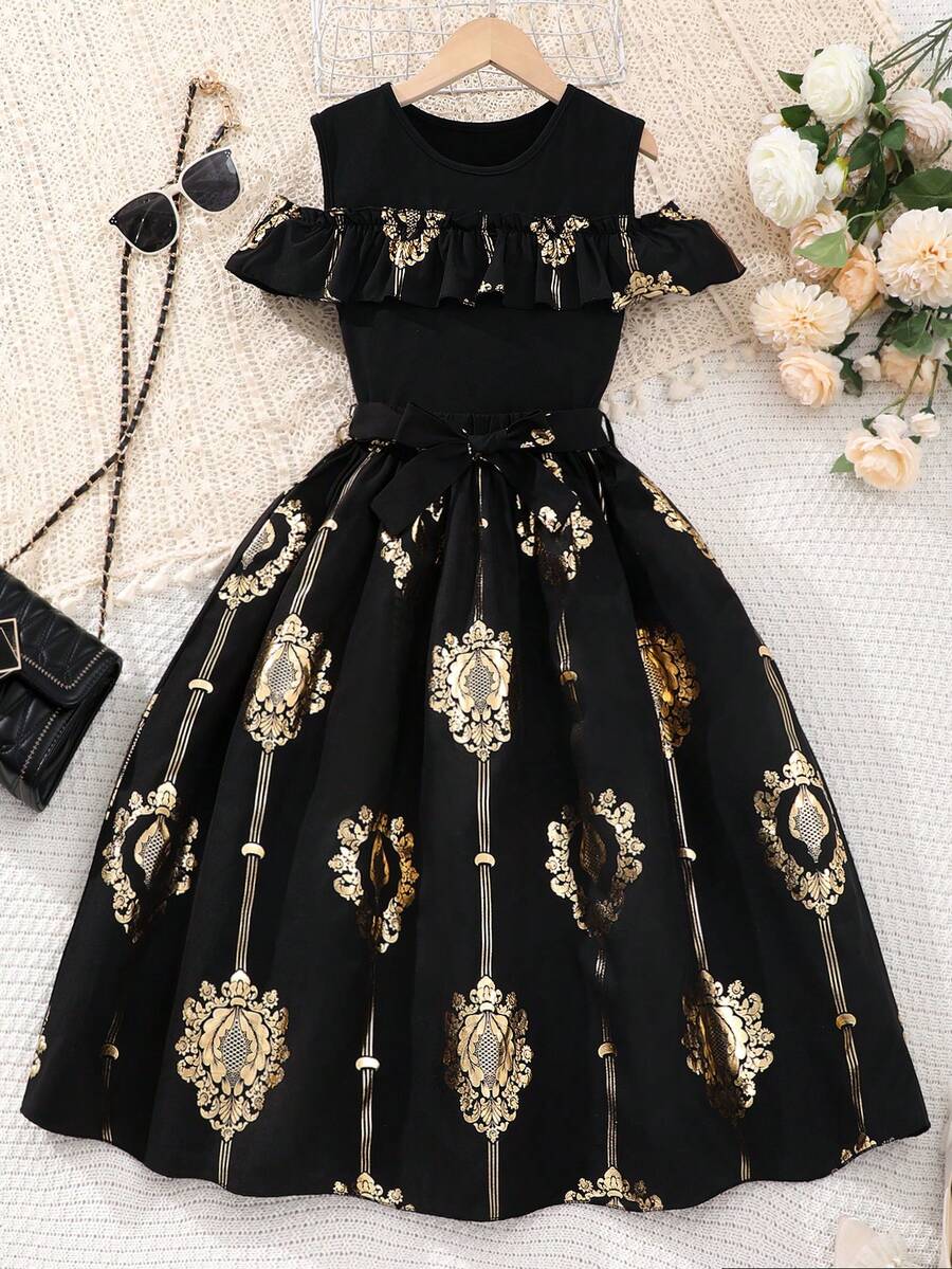 Tween Girls Elegant Patterned Dress - Black - View 1