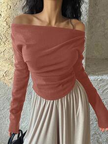 DAZY Women's Off Shoulder Solid Color Long Sleeve Curved Hem Simple Design T-Shirt - Orange - View 2