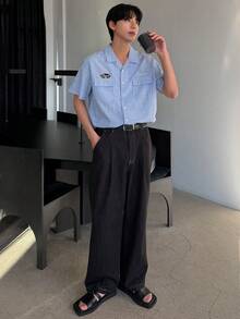 DAZY Men's Blue Striped Short Sleeve Shirt With Letter Embroidery, Summer - Blue - View 3