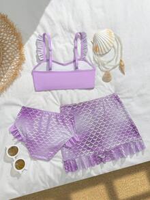 SHEIN Young Girl Mermaid Scale Print Ruffle Trim Bikini With Beach Skirt - Multicolor - View 2