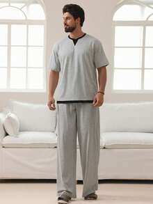 DAZY Conjunto de pijama de hombre de varios colores con pantalón largo y manga corta, para primavera/verano - Multicolor - Ver 4