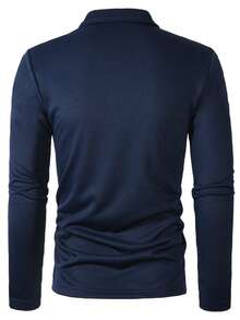 Manfinity Homme 男士长袖拉链刺绣领 Polo 衫，适合居家、外出和聚会穿着 - 寶藍色 - 查看 2