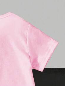 1 Set Young Girls Casual Comfortable Fashionable 3D Cartoon Anime K-POP Girl Character Pattern Pink Short Sleeve T-Shirt And Leggings Set, Suitable For Outdoor Wear In Spring/Summer - Pink - View 4