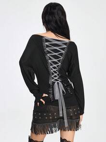 ROMWE Grunge Punk 暗黑朋克印花露肩长袖T恤，配系带，百搭叠穿上衣 - 黑色 - 查看 3