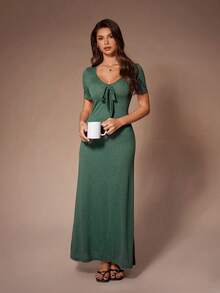 SHEIN 独特蝴蝶结设计橄榄绿短袖女士休闲连衣裙 - 墨綠色 - 查看 1