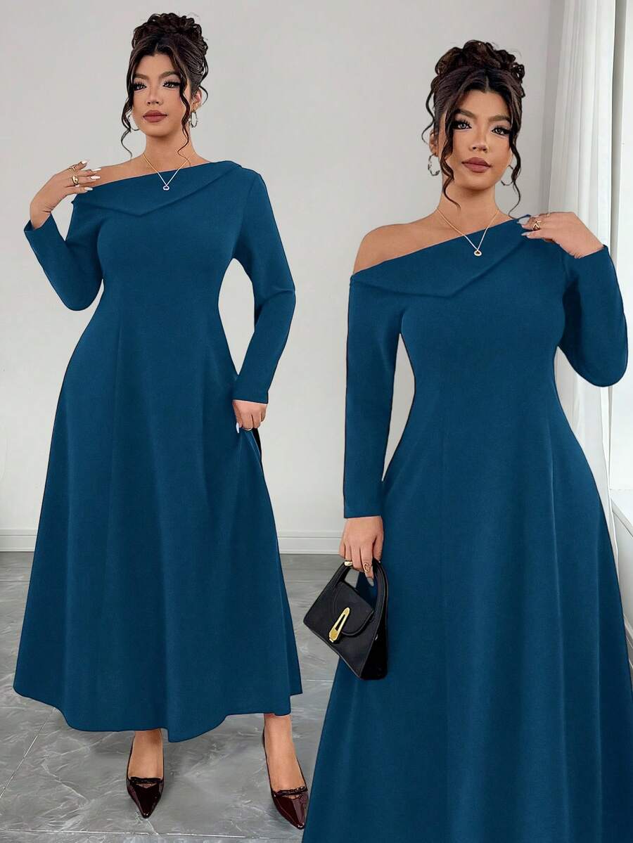 Elenzga Vestido de línea A de manga larga con cuello alto, ajuste de cintura, hombro asimétrico y bajo irregular, de punto suave y elegante para salir, fiestas, citas y uso diario, talla grande - Agua verde azul - Ver 1