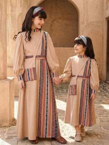 SHEIN 少女米色條紋不對稱拼接洋裝，秋季端莊婚禮賓客少女長袍 Abaya Thobes - 彩色 - 查看 3