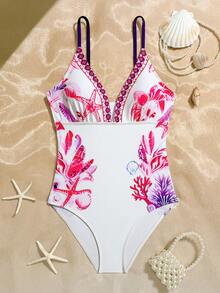 SHEIN Pink Shell & Coral Print One-Piece Swimsuit For Teenage Girls,Halter Starfish Flower Hibiscus Bathing Suit,Summer Beach Vacation Holiday Swimwear - White - View 4