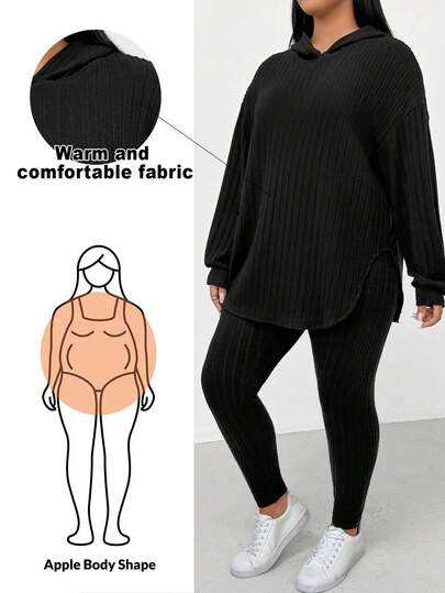 Shapeblank Plus-Size Women's/Fashion Casual Loose Comfortable Everyday Basic Versatile Slimming Hooded Long-Sleeved Loose Top And Legging Black Two Pieces Set Clothes,Airport Outfits, Sports Casual, Sport Outfits, Simple Style ,Street Wear Black Sets For Women Spring