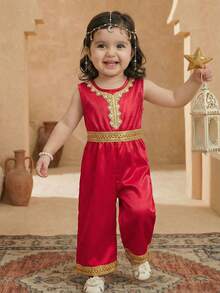 Sparklyn Babymädchen Frühlingsstil Mittlerer Osten Muster Kontrast Farbe Rundhals Jumpsuit, angenehmer Stoff mit Glanz, geeignet für Urlaubsmode - Rot - Übersicht 1