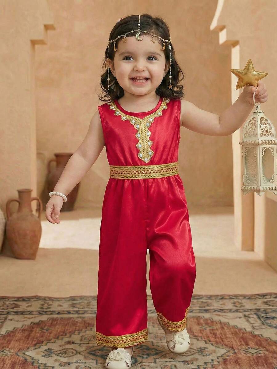 Sparklyn Babymädchen Frühlingsstil Mittlerer Osten Muster Kontrast Farbe Rundhals Jumpsuit, angenehmer Stoff mit Glanz, geeignet für Urlaubsmode - Rot - Übersicht 1