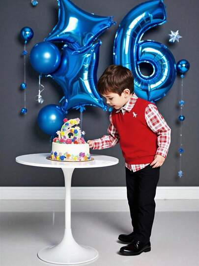 Young Boy (Small) Gentleman Outfit, Top: Layered With Red & White Plaid Shirt With Collar, Outer Red V-Neck Knit Vest With Cute White Dinosaur Print For Playful Accent, Bottom: Black Trousers, Simple And Neat. Overall Academic Style, Classic Color Scheme, Suitable For Daily Or School Wear, Showcasing The Child's Vigor And Obedience,Valentine's Day