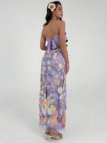 Rafferiza 女士花卉刺绣吊带蝴蝶结长裙，适合生日派对、浪漫约会等场合 - 紫色 - 查看 2