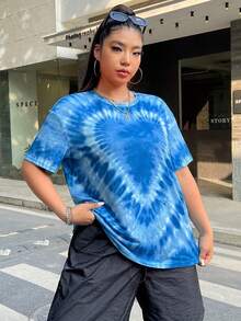 SHEIN EZwear 大码心形扎染印花短袖 T 恤，春夏季休闲 - 藍色 - 查看 5