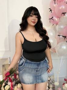 CovetEZ 大码女士基本款性感蕾丝拼接吊带背心 - 黑色 - 查看 6