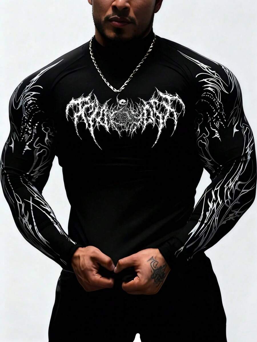 RISE LYT Áo thun dài tay raglan in họa tiết Gothic dành cho nam, thích hợp mặc tập thể dục, tập luyện, áo nén thể thao. - màu đen - Xem 1