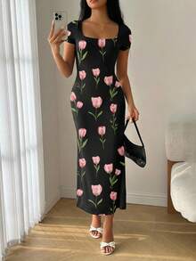 Modelyn Summer Sweetheart Neckline Mermaid Ruffle Hem Bodycon Dress Tulip Dress Long Dress Summer Floral Print Dress Spring Long Bodycon Dress Short Sleeve Dress - Multicolor - View 5
