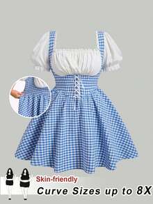 SHEIN CURVE+ 加大码/情人节/大码女式格子印花二合一系带腰身休闲度假泡泡袖连衣裙 - 藍白色 - 查看 6