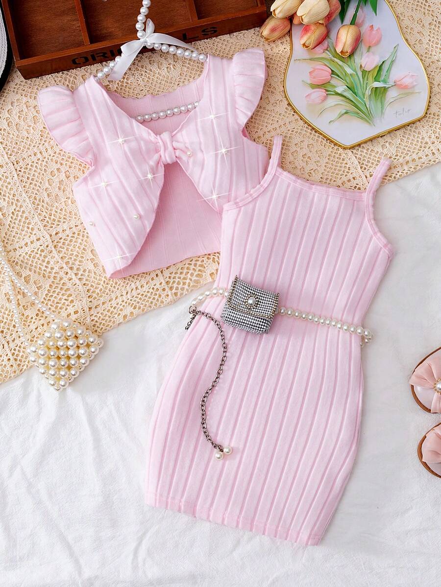 Elladie kids 少女情人节新款优雅针织连衣裙套装,蕾丝无袖背心上衣+吊带迷你连衣裙,两件套春季装 - 粉色 - 查看 1