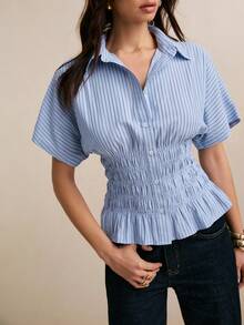 Poéselle 女士休闲通勤条纹蝙蝠袖收腰衬衫，夏季 - 藍色 - 查看 2