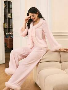 Mature French Elegant Women Faux Fur Patchwork Long Sleeve Top And Pants Pajama Set - Pink - View 3