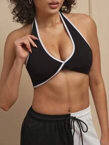 Cheerettes 女士撞色滚边扭结前片露背运动文胸 - 黑色 - 查看 4