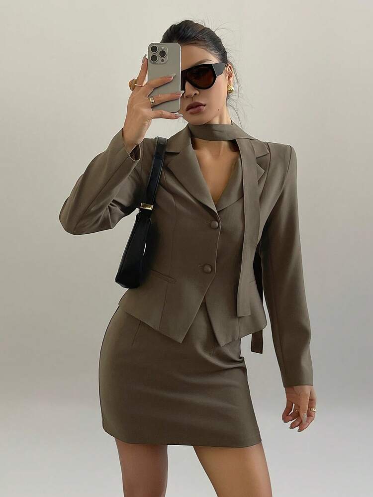 2pcs Women Casual Collared Tie-Waist Top And Skirt Set