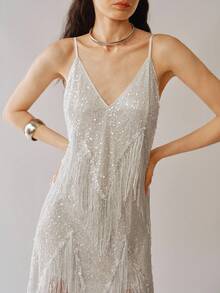 Uhlyne Petite Women's Spaghetti Strap Sequin V-Neck Tassel Hem Dress - White - View 8