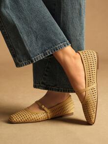 Rosivie 女士方头镂空搭扣设计休闲平底乐福鞋 - 黃色 - 查看 6