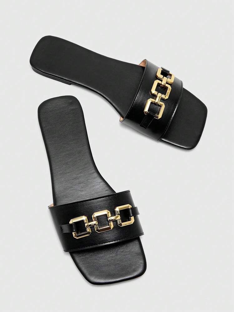 CUCCOO BIZCHIC Women's Metal Decor Casual Flat Slide Sandals