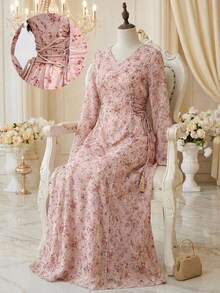 Al Najma Elegantes Damen-Kleid mit Ditsy-Blume Muster und Kreuzgurt-Taille, arabischer Stil - Pink - Übersicht 8