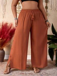 SHEIN Swim Plus Size Women's Vacation Fringe Drawstring Waist Loose Wide Leg Jumpsuit - Rust Brown - View 4