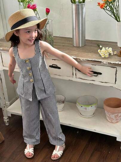 SHEIN Young Girl Casual Street Chic Commuting Fashion Striped Square Neck Sleeveless Top And Straight Leg Pants Set