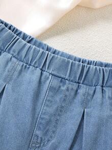 SHEIN Young Girl' Bow Embroidered Blue Denim Loose Shorts - Light Wash - View 5