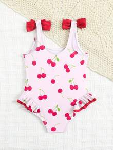 女婴沙滩装，可爱樱桃印花，针织面料，双蝴蝶结肩带，荷叶边裤腿，连体泳衣，时尚休闲优雅女士款，适合游泳、度假、夏季穿着 - 彩色 - 查看 2