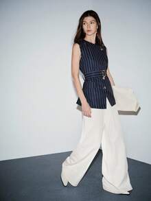 Lumivelle Women's Navy Blue & White Striped Sleeveless Cropped Top With Metal Buckle Waist Belt, Minimalist Design, Slim Fit, Commuter Style - Navy Blue - View 6