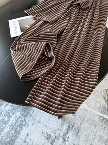 SHEIN 少女针织条纹圆领短袖修身T恤和配套休闲裤套装，百搭时尚 - 棕色 - 查看 4