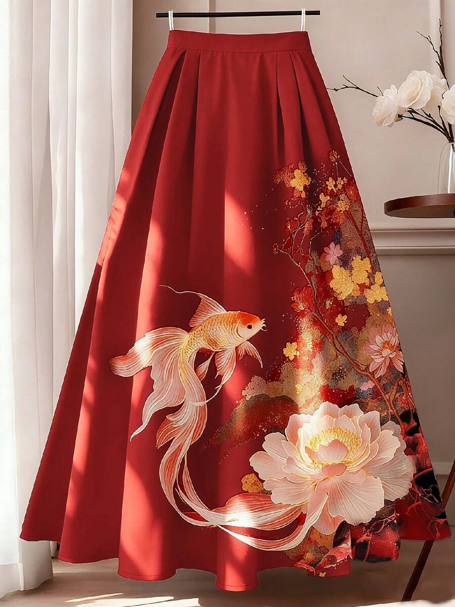 GlowEve CURVE 大码女式针织中国风撞色碎花A字裙 - 紅色 - 查看 1