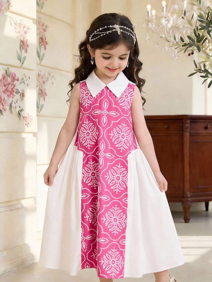 SHEIN Tween Girl Embroidered Woven Contrast Color Ditsy Floral Round Neck A-Line Dress,White,Summer,Cute,Elegant,Party,Vacation,Holidays,Special Occasions - Pink - View 1