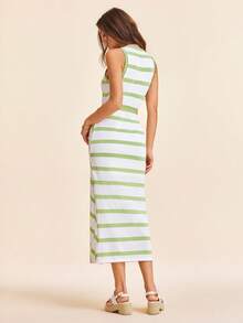 Coeurva 女士时尚优雅休闲针织条纹印花连衣裙，柔软弹力面料 - 綠色 - 查看 3