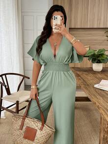 Weeklong Plus Size Women's Spring/Summer Sleeveless Pleated Waist Loose Top Tight Jumpsuit, Casual & Office Wear - Mint Green - View 3