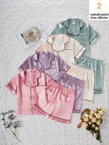 Tween Girls Pajamas-2 Pieces Pajama Set Satin Piped Trim Long Sleeve Button Front Pajama Top And Elastic Waist Long Pants Pastel Pink Lavender Mint Cream Nightwear Loungewear All Season 2026 Holiday Gift Classic Chic Comfortable Essential