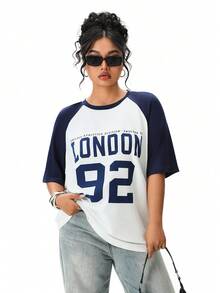 Solavibe 大码夏季基础休闲插肩袖短袖宽松T恤，春夏皆宜，适合度假穿着，休闲运动风数字字母宽松T恤，夏季印花T恤女装上衣，大码T恤，大码女装，女士宽松插肩袖衬衫，大码字母印花T恤 - 藍色 - 查看 5