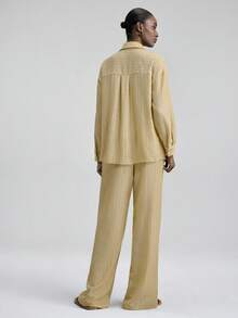 Ontre 2026 New Spring/Summer Women's Business Casual Minimalist Fashion Commuter Striped Fabric Yellow Woven Fabric Long Sleeve Shirt And Wide Leg Pants 2-Piece Set 2 Piece Sets Woman Summer Suit Sets For Women - Green - View 3