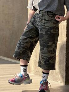 DAZY 青少年男童迷彩印花口袋休闲阔腿牛仔裤 - 軍綠色 - 查看 4