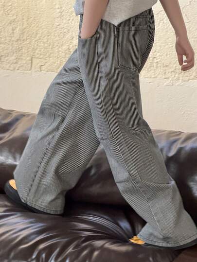 DAZY Tween Boy Striped Pocket Casual Versatile Daily Wear Wide Leg Jeans